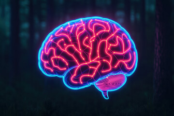 Fototapeta premium A vibrant neon brain illustration, showcasing intricate neural patterns, set against a mysterious forest backdrop. Perfect for creative projects.