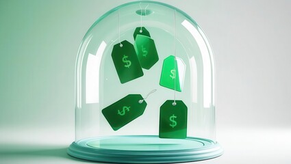 Protected Prices: Green dollar tags float inside a glass dome, symbolizing the security and stability of financial protection.  