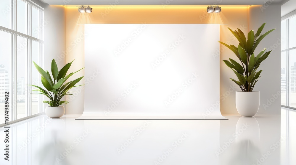 Poster an empty photo studio with a large white backdrop, ready for a model shoot. softbox lights illuminat