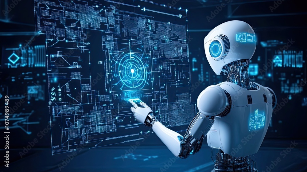 Poster a humanoid robot interacts with a digital interface.