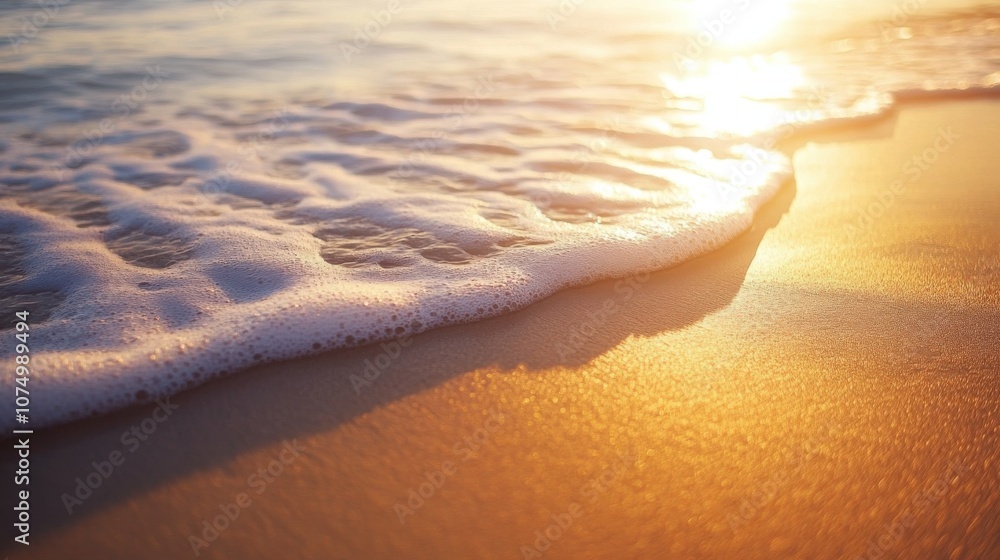 Poster a serene beach at golden hour with gentle waves lapping against the shore, creating a tranquil atmos