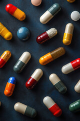 A vibrant assortment of colorful capsules and pills scattered on a textured surface, showcasing diverse shapes and sizes for health and wellness themes.