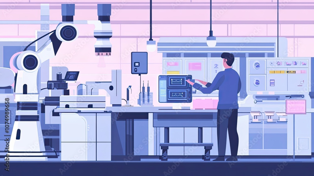 Poster industrial engineer working with robotic arm and computer in a factory setting