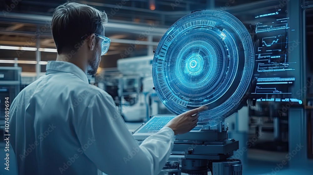 Aufkleber a man in a white lab coat interacts with a futuristic holographic interface in a factory setting