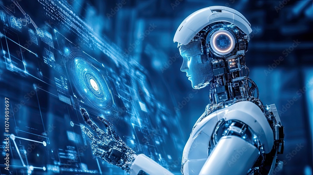 Poster humanoid robot interacting with a digital interface