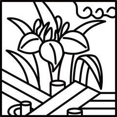 線画正方形シンプル花札　菖蒲　八橋　杜若　皐月　5月　菖蒲に八橋