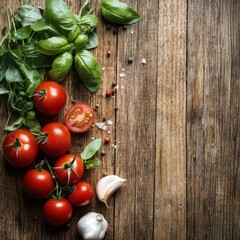 Fresh tomatoes and basil arranged on a wooden table with garlic and spices for a rustic culinary preparation