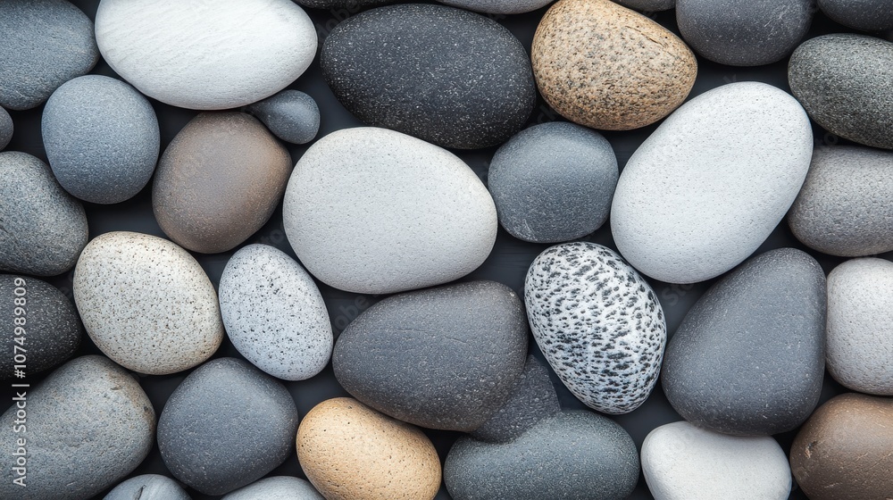 Poster a collection of smooth pebbles in various colors and shapes arranged naturally on a surface