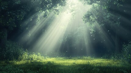 Sunlight streams through lush forest canopy to illuminate tranquil meadow