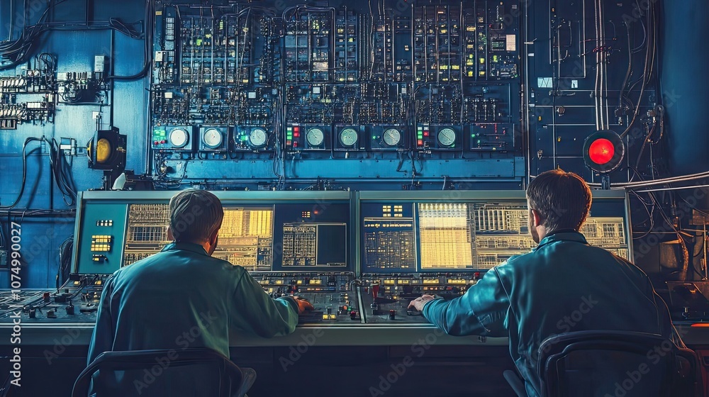 Poster two men working at a control panel with multiple screens