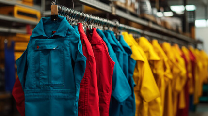 "Professional Workwear: Workers' Overalls Hanging in the Store