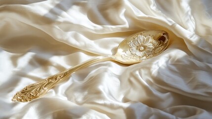 Elegant Gold Spoon on Soft Satin Fabric with Intricate Floral Design, Capturing Luxury and Sophistication in Fine Dining and Table Setting Aesthetics