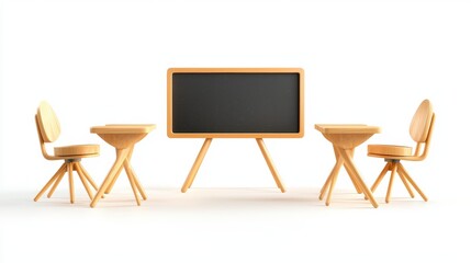 Empty, derelict classroom with dusty desks, old chalkboard, and broken chairs, set on a white background.