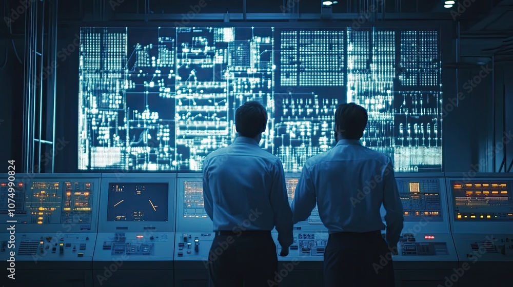 Poster two men looking at a large screen displaying complex data