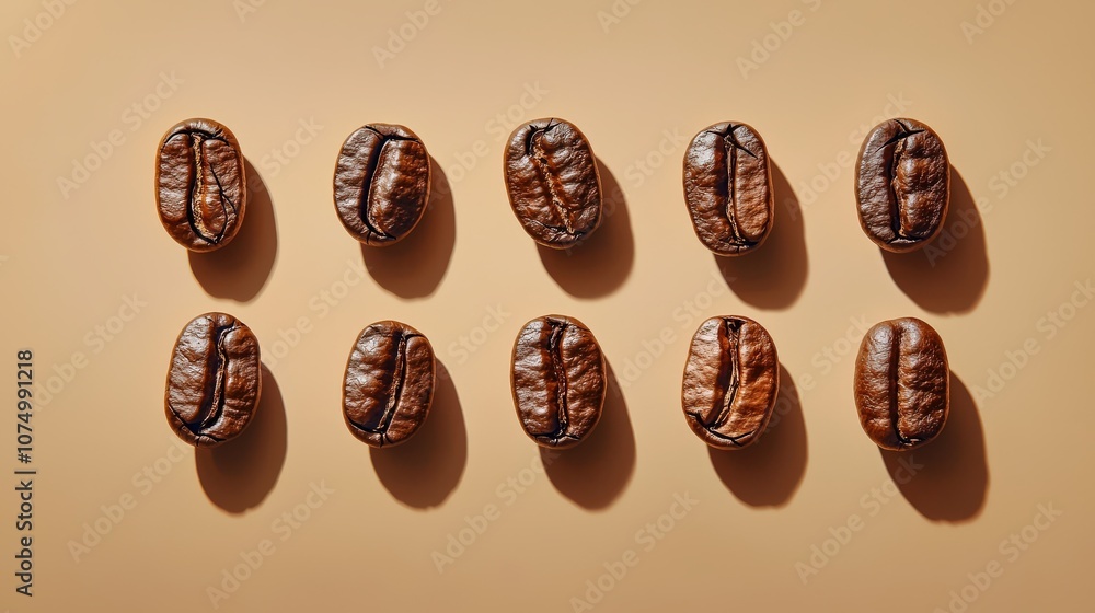 Poster patterned coffee beans on a light brown canvas, subtle shadows creating depth in a simple, clean des