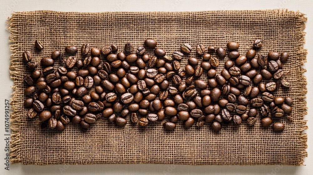 Poster patterned coffee beans on a light brown canvas, subtle shadows creating depth in a simple, clean des