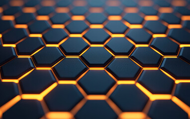 A close-up view of an intricate hexagonal pattern with glowing orange accents, showcasing a modern and futuristic design aesthetic.