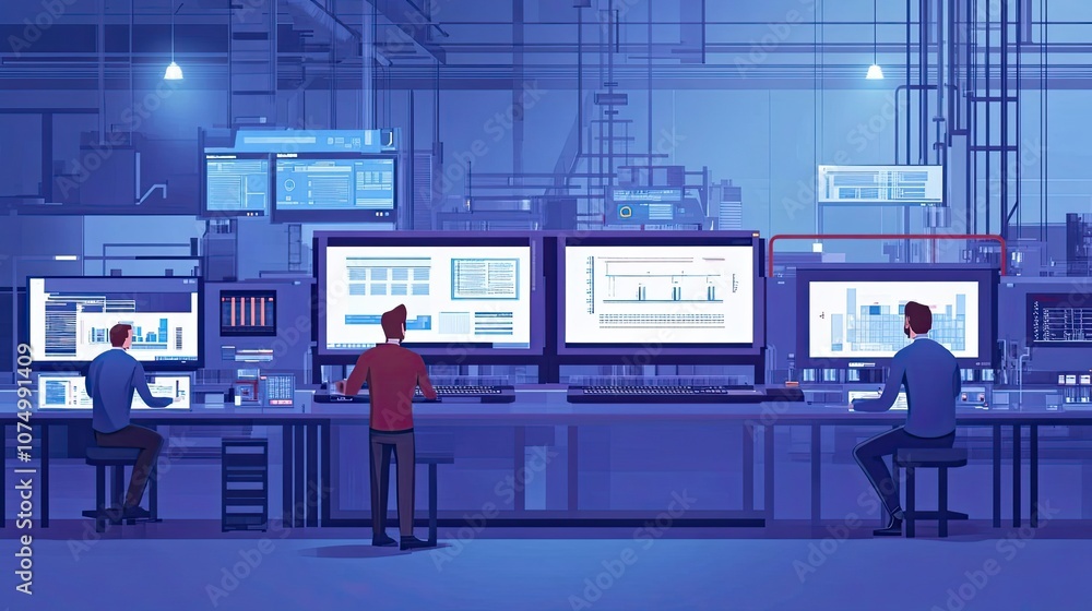 Poster three men working in a modern control room with multiple screens displaying data
