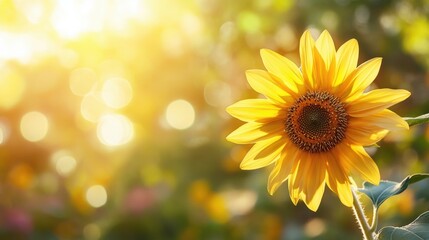 Obraz premium Sunflower blooms brightly under the warm sunlight in a lush garden