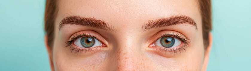 Obraz premium Close-up of beautiful blue eyes with natural makeup, highlighting vibrant iris colors and distinct eyelashes against a soft, pastel background.