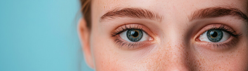 Obraz premium Close-up of a young woman's striking blue eye, showcasing beautiful eyelashes and natural beauty against a soft, pastel background.