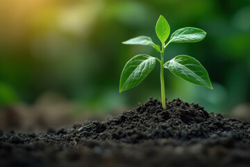 Fototapeta premium A vibrant green seedling emerges from rich soil, symbolizing growth, renewal, and the beauty of nature's potential.