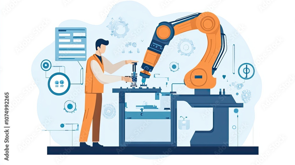 Aufkleber a worker operates a robotic arm in a factory setting.