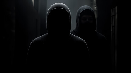  Two Hooded Figures in Dark Alley. Crime, Mystery, Suspense, Danger, Threat Concept.