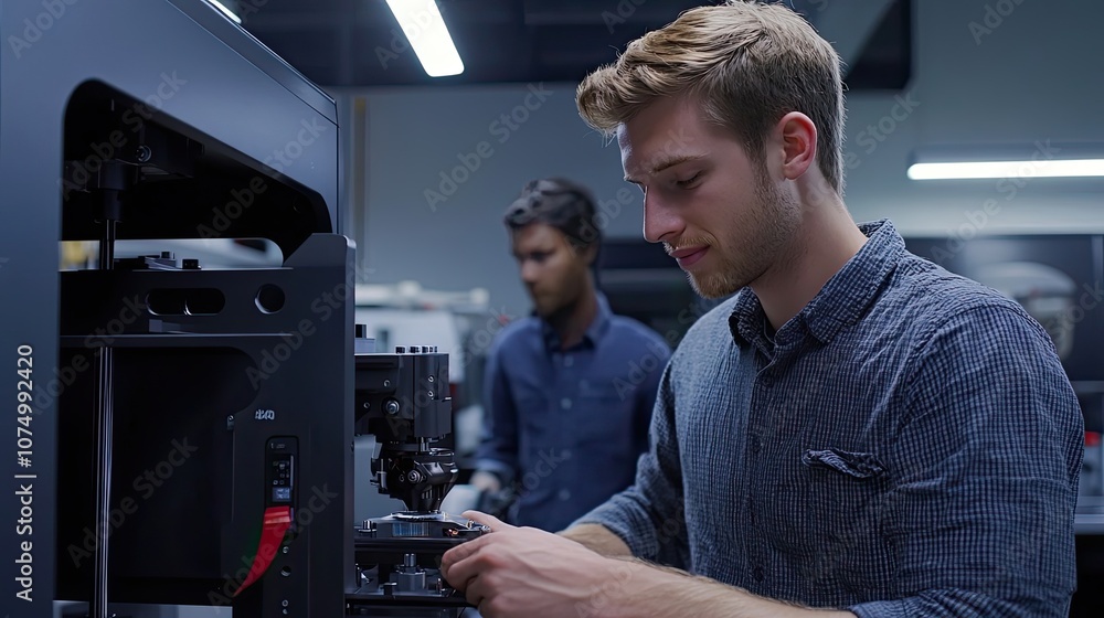 Poster man operating a precision machine in a laboratory setting