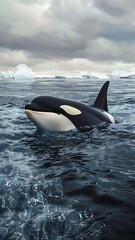 Fototapeta premium Orca Swimming in Stormy Ocean with Dramatic Sky and Waves