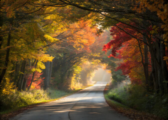 Naklejka premium Autumn Fall Road landscape - trees tunnel and magic light