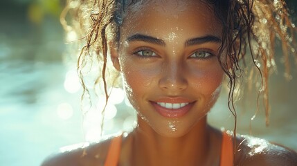 active female athlete taking a refreshing water break outdoors, surrounded by nature. her expression radiates happiness and vitality, embodying a healthy lifestyle