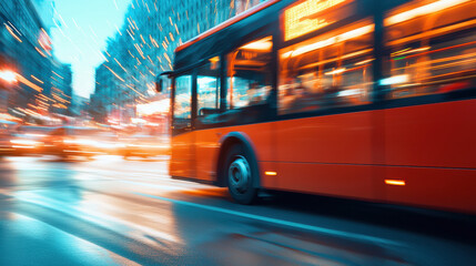 A vibrant city scene featuring a moving bus amidst the dynamic glow of traffic at dusk, capturing urban energy and motion.