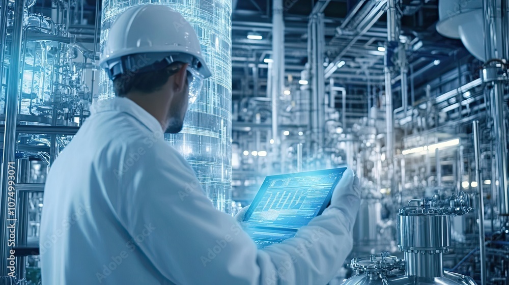Poster engineer in a white lab coat uses a laptop in a factory setting