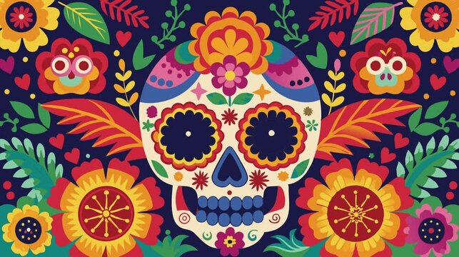 Decrease and increase colors Dia de los Muertos  sugar skull decorated with flowers.
