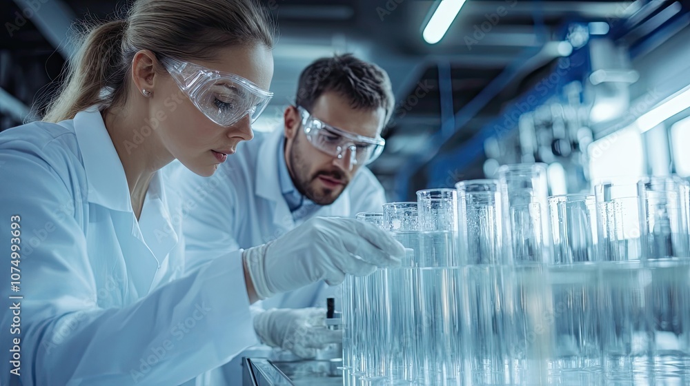 Poster two scientists in lab coats working with test tubes
