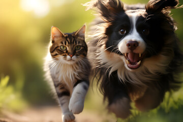 Obraz premium photo of a cat running from a dog motion blurred background