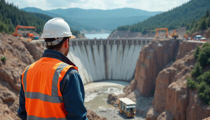 Fototapeta premium Portrait of an engineer at a dam construction site, showcasing skill and dedication amidst heavy machinery and natural surroundings.