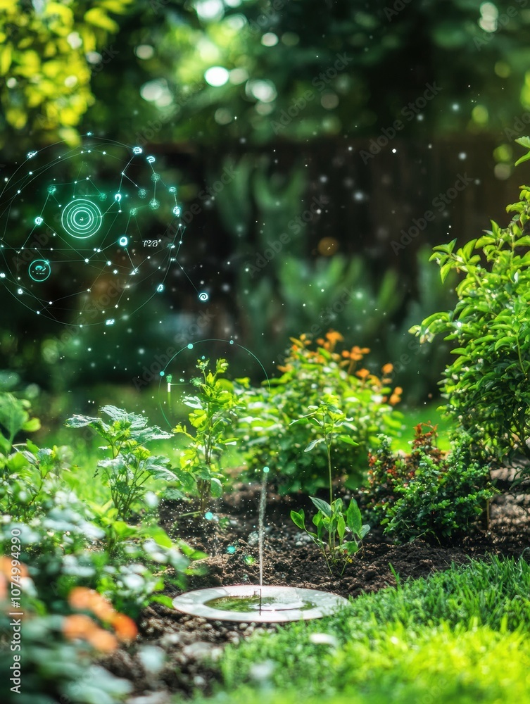 Aufkleber in a flourishing garden, automated sprinklers mist plants while soil sensors monitor moisture levels