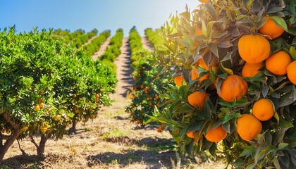 A vibrant orange grove with rows of lush green trees bearing ripe, bright orange fruit under a clear blue sky. The sun shines over the orchard, highlighting the abundance and freshness of the oranges.