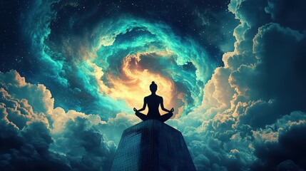 Meditating high above the city, finding tranquility in the midst of chaos with swirling psychedelic clouds. 