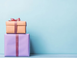 stack of colorful gifts wrapped in pastel paper, featuring pink ribbon, set against light blue background. Perfect for celebrations and special occasions