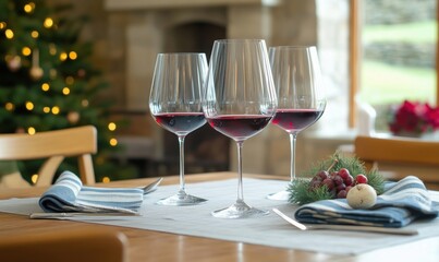 Naklejka premium Elegant wine glasses with red wine, festive table setting, Christmas tree background