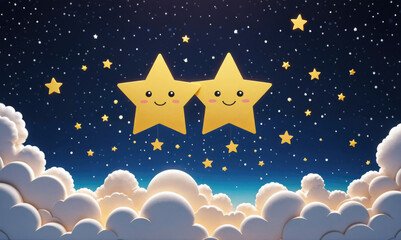 Fototapeta premium Two smiling stars float above fluffy clouds in a night sky filled with stars