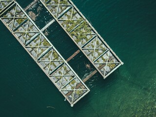 View of a turquoise shore with a metal pier over calm water, blending natural elements.