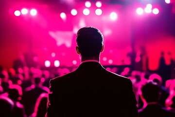 Man in Suit Silhouetted Against Pink Stage Lights at Concert
