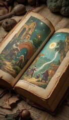 Vintage storybook illustration depicting a magical scene with characters and celestial elements