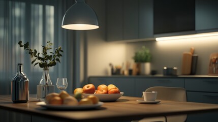 Cozy Kitchen Interior with Warm Lighting and Fruit Bowl