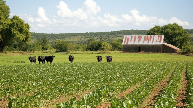 Beautiful country farm view with rows of crops, grazing cattle, and a barn in the background