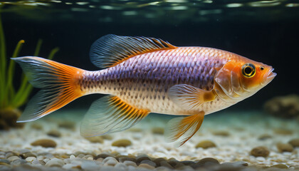 A Molly Fish swimming in crystal-clear water with a natural background. Suitable for marketing or business purposes